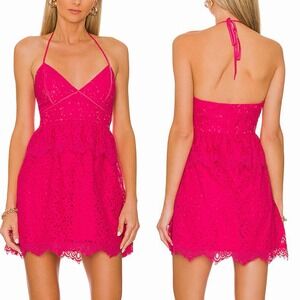 Lovers + Friends Sz XS Rosanna Halter Mini Dress Embroidered Floral Voile Ruffle